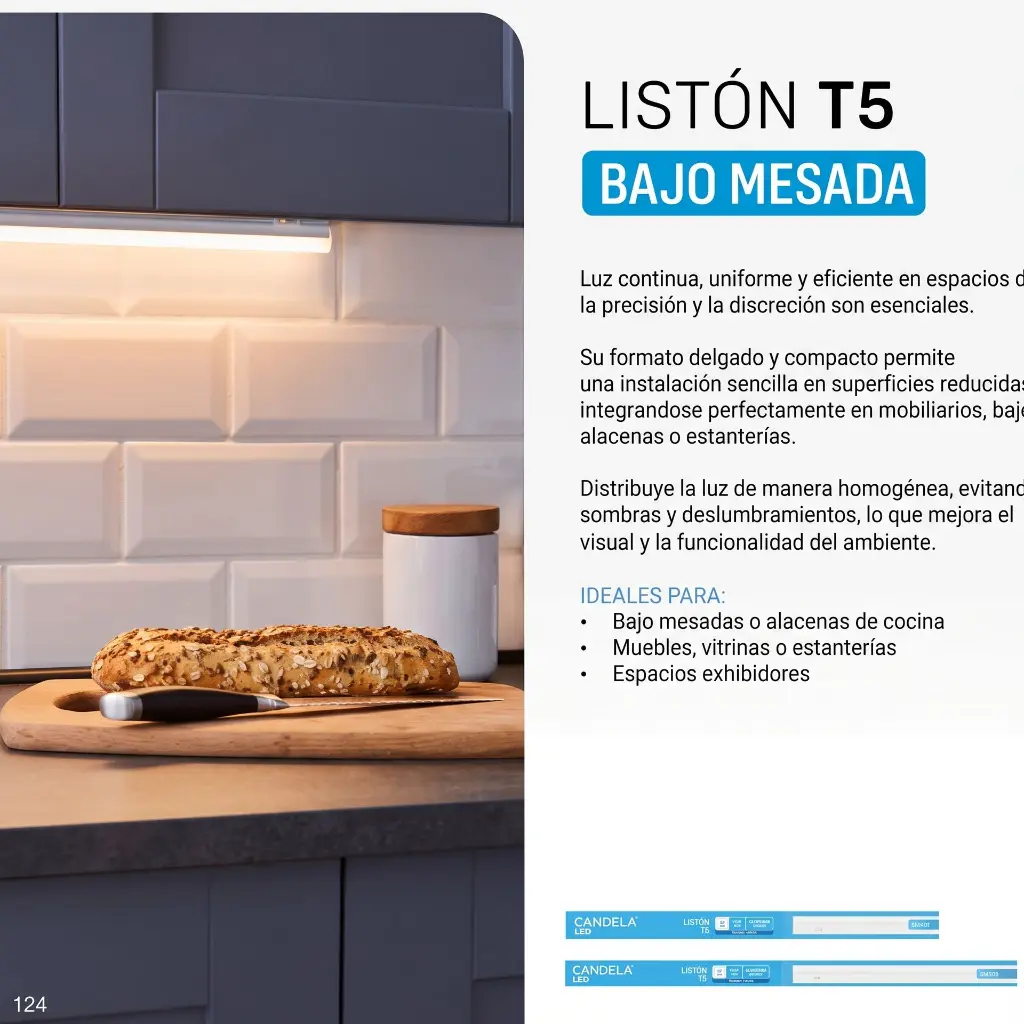 Liston LED T5 Candela 120cm 18W luz fria con tecla bajo alacena mesada de cocina