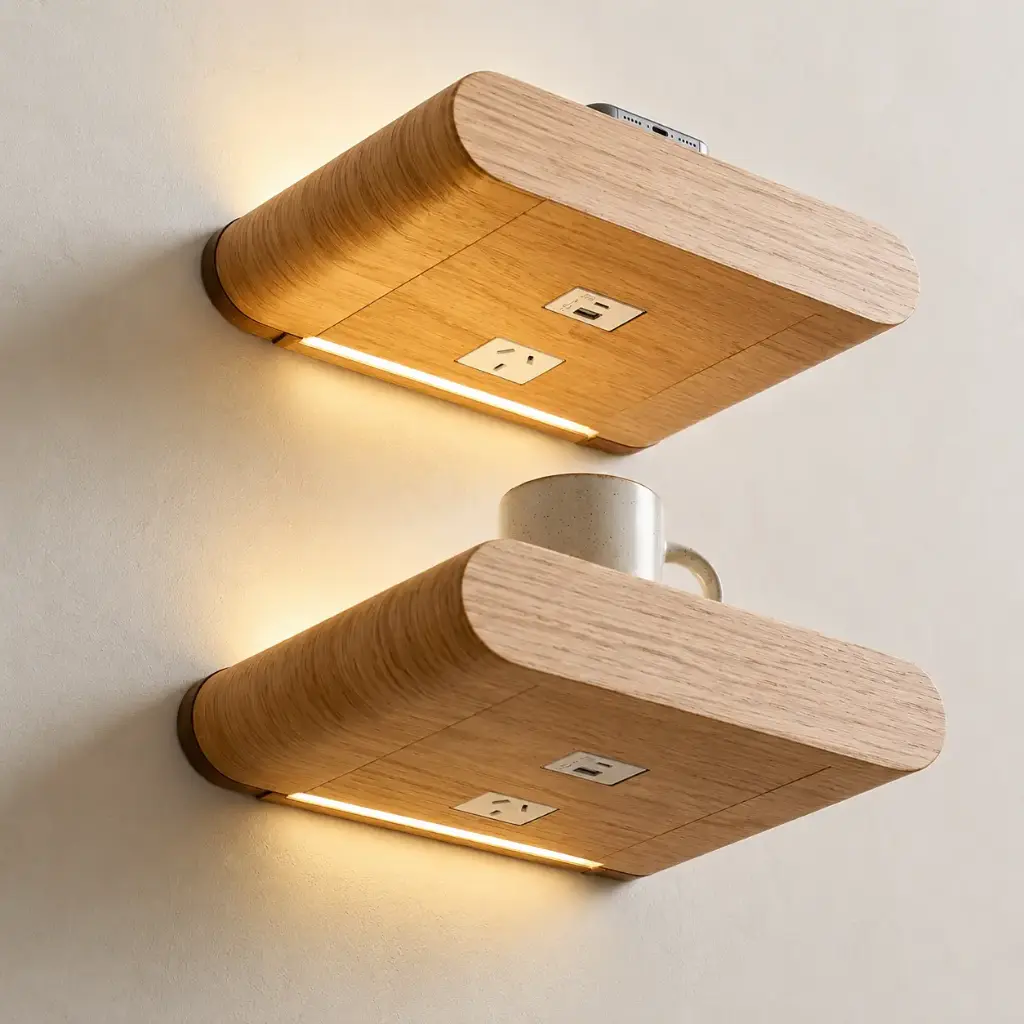 Pack x2 Estantes Mesa de Luz 30cm Ovlo Con USB y Toma 220V