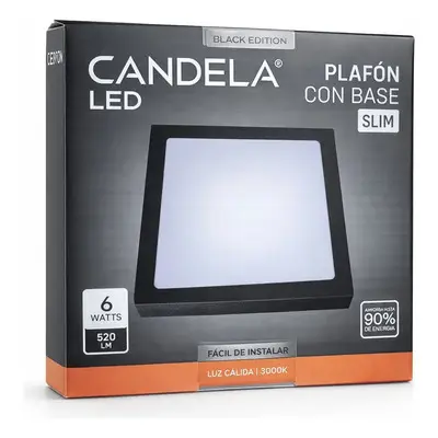Plafón Slim Black Cuadrado Base 6W Cálido o Fría