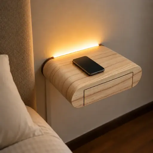Estante 40cm De Largo Mesa de Luz Flotante Ovlo En Madera Con Cajón USB y Toma 220V